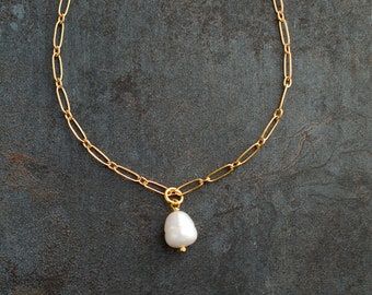 ELOISE . Gold necklace with freshwater pearl charm . 16k gold plated . statement bracelet . gifts for her . FW 20 21