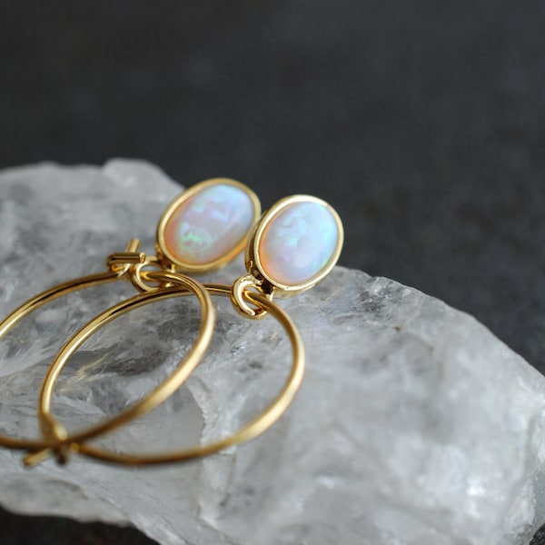 Tiny Opals . gold plated hoop earrings . gifts for her . Creole with charms