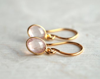 STELLA .  Minimalist rose quartz earrings 24k gold plated silver . Christmas jewelry .  Vermeil