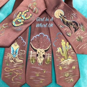 Vtg style handpainted 40's 50's style silk tie! Western cowboy! Rodeo! Bucking Bronco! Hillbilly! 5 designs! Cactus, Steer, Horseshoes