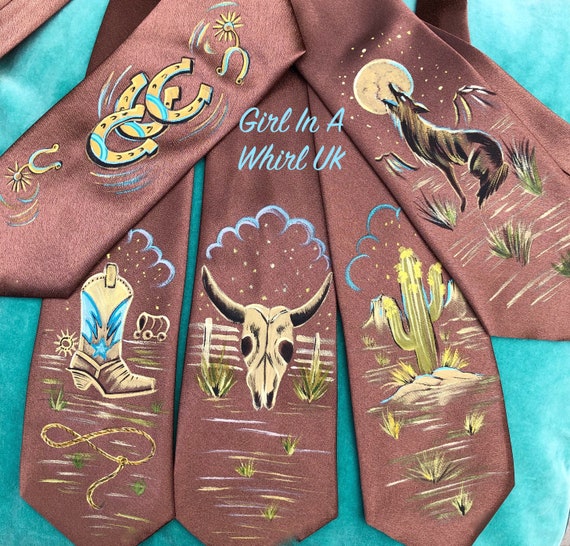 小物 Silk Satin Bones and Flowers Regular Tie Vtg Style Handpainted 40's 50's Style Silk Tie! Western