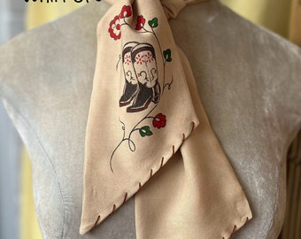 Western tie cravat, hand painted with vintage cowboy design 40's 50's hillbilly hoedown
