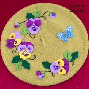 Vintage style hand embroidered and felt appliqued wool beret with Victorian pansies and a butterfly, cottage garden, art deco,