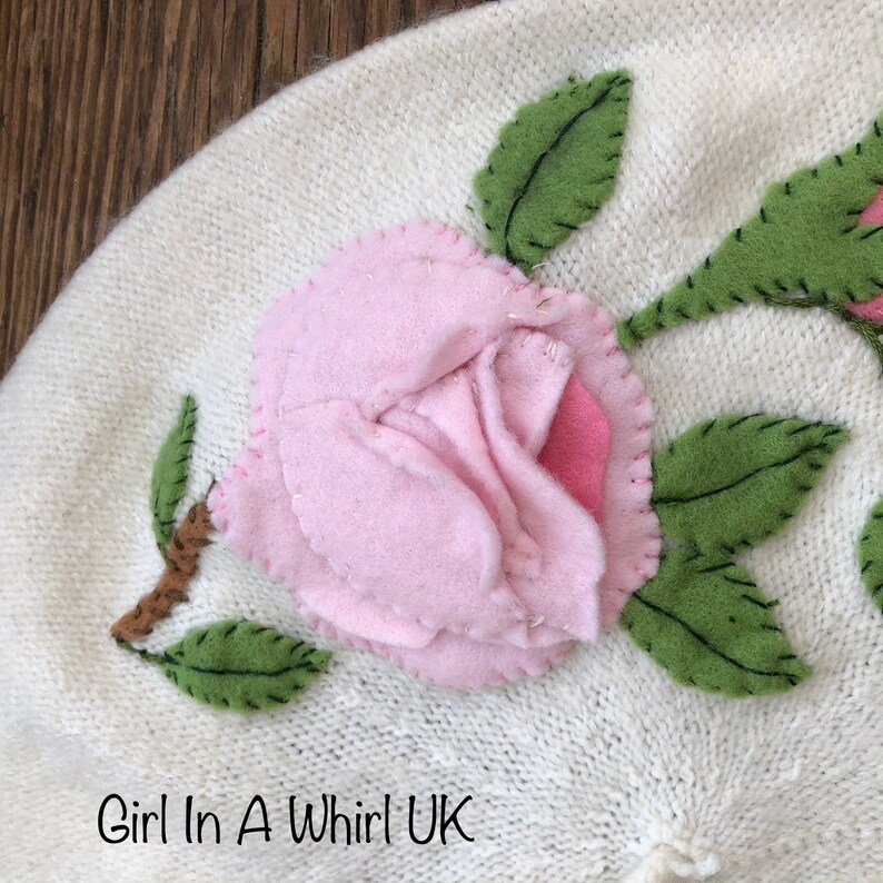 Vintage Juli Lynne Charlot style felt appliqued wool beret-pink roses image 4