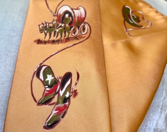 Vtg style handpainted 40's 50's style tie and pocket square, Western themed, cowboy