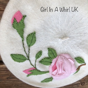 Vintage Juli Lynne Charlot style felt appliqued wool beret-pink roses image 3