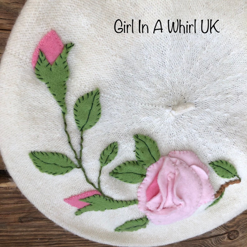 Vintage Juli Lynne Charlot style felt appliqued wool beret-pink roses image 3