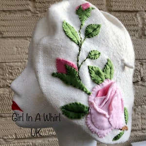 Vintage Juli Lynne Charlot style felt appliqued wool beret-pink roses image 6