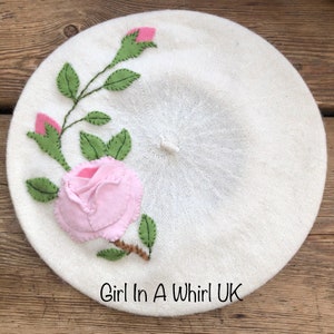 Vintage Juli Lynne Charlot style felt appliqued wool beret-pink roses image 1
