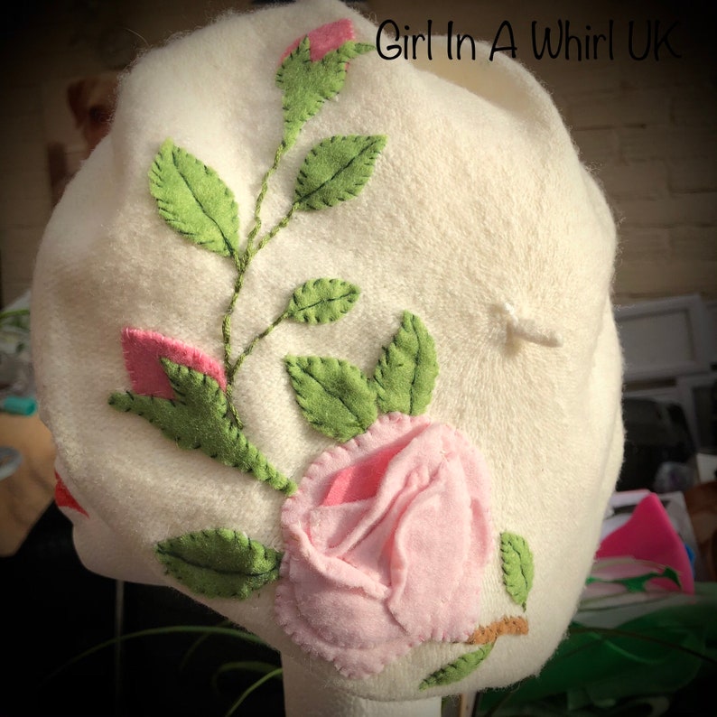 Vintage Juli Lynne Charlot style felt appliqued wool beret-pink roses image 9