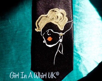 Vtg style handpainted 40's 50's style silk tie! Vintage fashion illustration.....blindfold....mystery woman.....