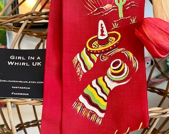 Hand Painted Western Scarf, Mexican Folk Art Sombrero Guitar Cactus Tie 40’s 50’s