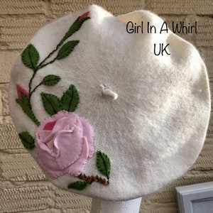 Vintage Juli Lynne Charlot style felt appliqued wool beret-pink roses image 7