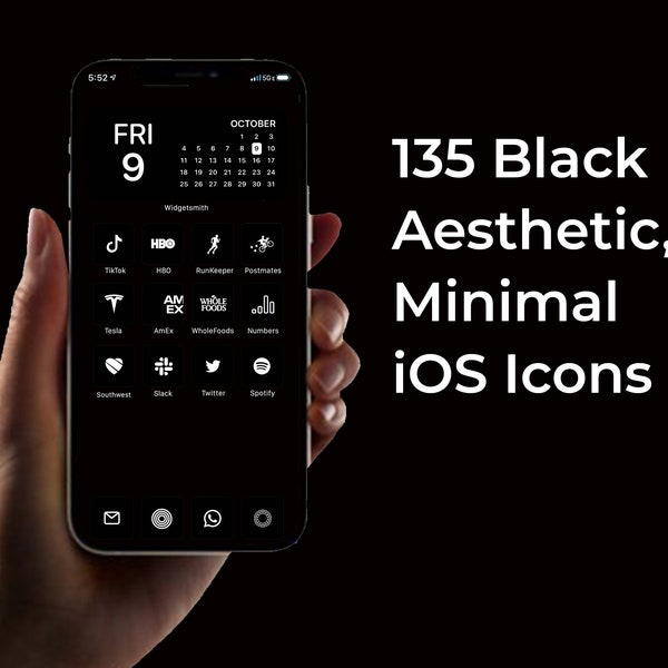 135 Black Minimal iOS Icon Pack | Luxury Icons | iPhone iOS14 App Icons Pack | Aesthetic Home Screen | iOS 14 Widget Photos | Widgetsmith