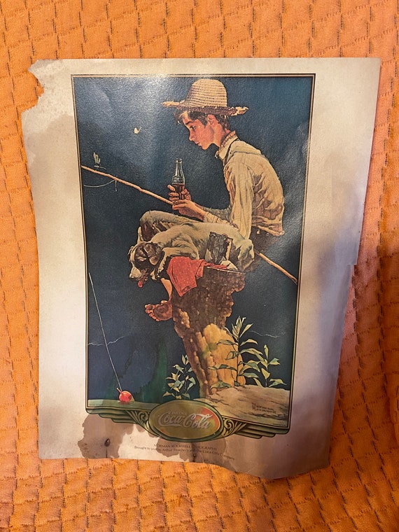 Vintage Norman Rockwell Boy Fishing Coca Cola Lithograph 