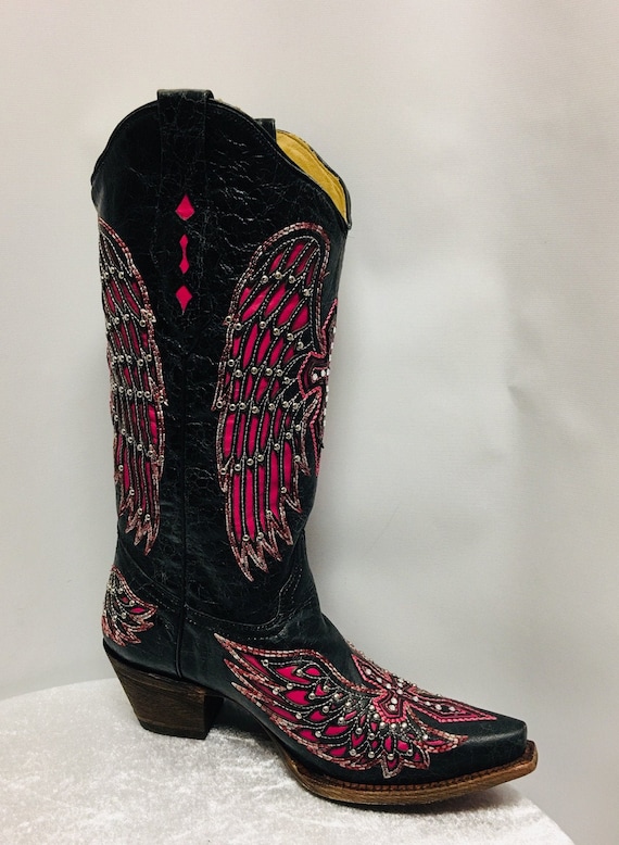 black and pink cowboy boots