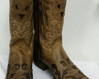 Corral Boots Hand Chocolate/ Sand Lizard Inlay in size 8.5 D