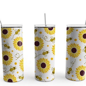 Sunflower and Bees Tumbler Sublimation Tumbler, Ready to Press Sublimation Transfer, 20 oz. Skinny Tumbler
