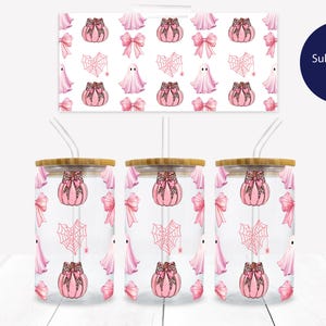 Pink Ghost and Pumpkin Coquette Halloween 16 oz. Libbey Tumbler Wrap - Sublimation Wrap- Ready to Press Sublimation