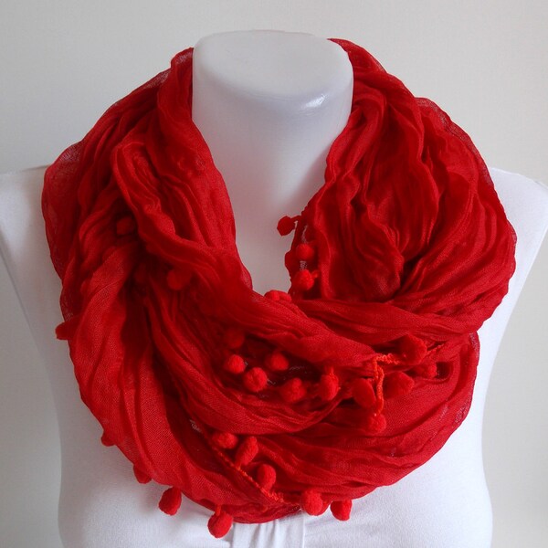 SAHRASCARF/ Red Scarf Wrap Lace pom pom Scarf WomenScarf Soft Shawl Scarf  Cowl Scarf