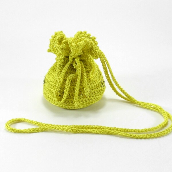 Small Crochet Pouch, Jewelry Bag with Drawstring, Yellow Christmas Gift Bag