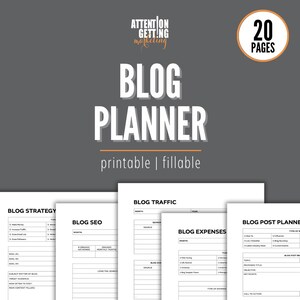 May include: A blog planner with the text "BLOG PLANNER" in large white letters. The planner is labeled "printable | fillable" and has 20 pages. The image includes pages for blog strategy, SEO, traffic, expenses, and post planning.