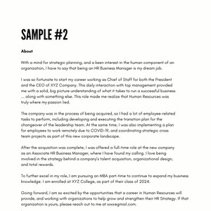 May include: A text-based resume sample with the title "SAMPLE #2" and the heading "About". The resume describes the author's experience as Chief of Staff and Associate HR Business Manager. The resume also mentions the author's pursuit of an MBA part-time at XYZ College.