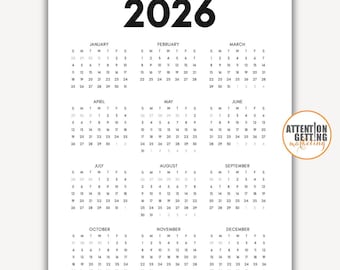 2026 Kalender Druckbares Jahr auf einen Blick PDF, 2026 Einseitiger Kalender, 2026 Kalender Download PDF, 2026 Kalender Druckbares A5 Hochformat