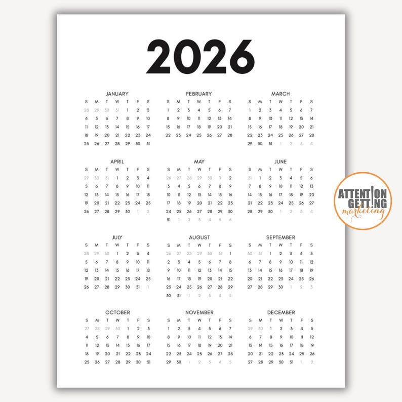 2026 Calendar Printable Year at a Glance PDF, 2026 One Page Calendar ...