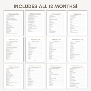 K&ouml;nnte beinhalten: Eine Sammlung von zw&ouml;lf bedruckbaren Seiten, die jeweils die Nationalfeiertage f&uuml;r einen bestimmten Monat auflisten. Die Seiten sind in einem Raster angeordnet, mit dem Text "INCLUDES ALL 12 MONTHS!" oben. Jede Seite hat einen Titel wie "JANUARY NATIONAL DAYS".