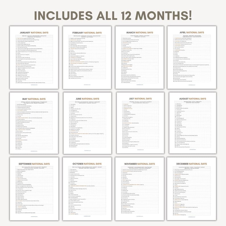 K&ouml;nnte beinhalten: Eine Sammlung von zw&ouml;lf bedruckbaren Seiten, die jeweils die Nationalfeiertage f&uuml;r einen bestimmten Monat auflisten. Die Seiten sind in einem Raster angeordnet, mit dem Text "INCLUDES ALL 12 MONTHS!" oben. Jede Seite hat einen Titel wie "JANUARY NATIONAL DAYS".