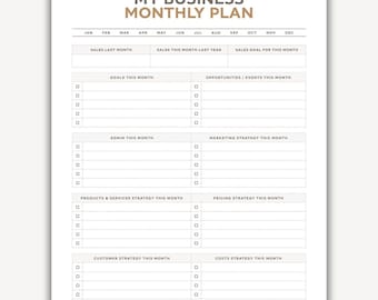 Monthly Business Plan Fillable Printable PDF, Small Business Planner, Business Printables, One Page Action Plan for Small Business