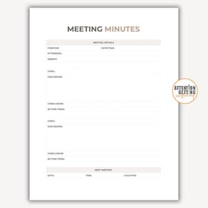 May include: A white paper with the words "MEETING MINUTES" at the top in a light brown font. The paper has sections for meeting details, topics, discussion, conclusions, and action items. A small circular logo is in the upper right corner.