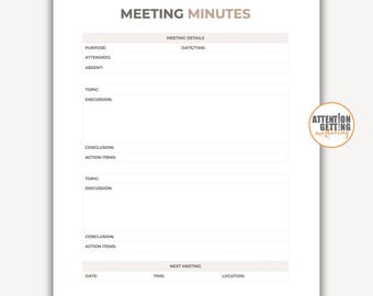 Plantilla de acta de reunión, formato de acta de reunión, diseño de acta de reunión en Google Docs, plantilla editable de acta de reunión imprimible