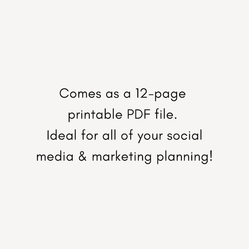 K&ouml;nnte beinhalten: Text auf cremefarbenem Hintergrund: "Kommt als 12-seitige, druckbare PDF-Datei. Ideal f&uuml;r Ihre Social-Media- und Marketingplanung!"