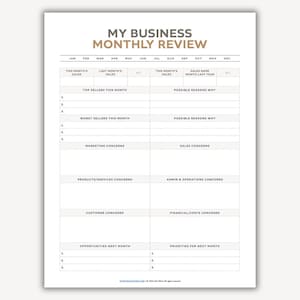 Monthly Business Review Fillable Printable PDF, Small Business Planner, Business Printables