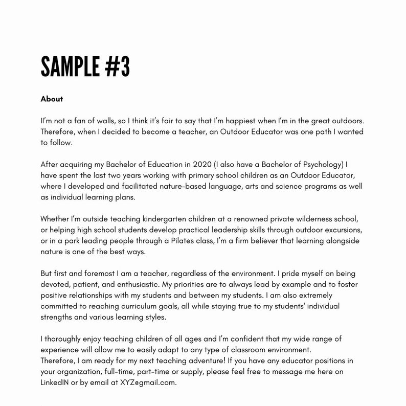 May include: A text-based resume for an outdoor educator. The resume highlights the candidate's experience working with children in various outdoor settings, including wilderness schools and parks. The candidate also emphasizes their passion for nature-based learning and their commitment to fostering positive relationships with students.