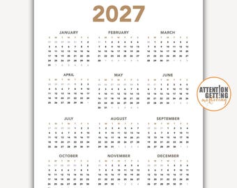 2027 Calendar Printable Year at a Glance PDF, 2027 One Page Calendar, 2027 Calendar Printable Download PDF, 2027 Calendar Printable Portrait