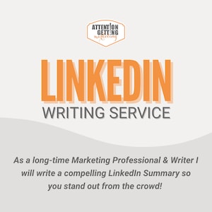 Puede incluir: Gráfico naranja y blanco con el texto "LINKEDIN WRITING SERVICE" y el lema "Como profesional del marketing y escritor de larga trayectoria, escribiré un resumen de LinkedIn convincente para que te destaques entre la multitud!"