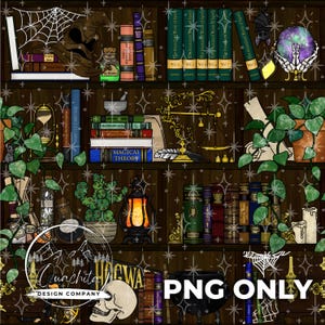 Puede incluir: Ilustración digital de una estantería llena de libros, pociones y objetos mágicos. Los estantes son de color marrón oscuro y los objetos incluyen un sombrero seleccionador, una bola de cristal y una calavera. El texto "PNG ONLY" es visible.