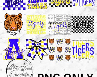 May include: A collection of PNG graphics featuring the word "Tigers" in various styles and colors, including yellow, blue, and black. Designs include a tiger face, bow, and checkerboard patterns. The image also includes the text "Ouachita Design Company."