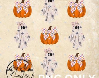 Retro Halloween Ghost & Pumpkin PNG: Vintage Clipart (Digital Download