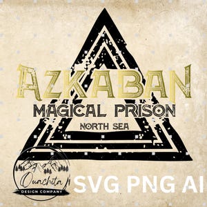 May include: A digital graphic design featuring the word "Azkaban" in gold lettering above the words "Magical Prison" and "North Sea". The design includes a black triangle and a circular logo with mountains and trees.