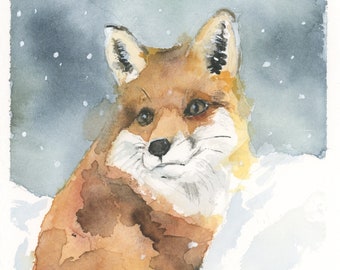 Smiling Red Fox in a Snow Bank, Fox Watercolor, Original Watercolor Painting 5”x7” (NOT A PRINT)