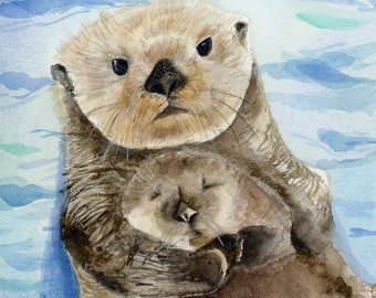 Mom and Baby Otter Swimming in the Sea, Mother's Day, Nursery, Baby Shower, Original Watercolor Painting 8"x10" (Not a Print)