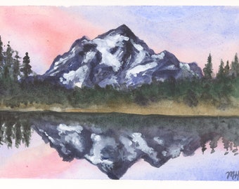 Sunset at Picture Lake, Mt Shuksan, Baker Wilderness, Pacific Northwest, PNW, Original Watercolor Painting 5”x7” (Not a Print)