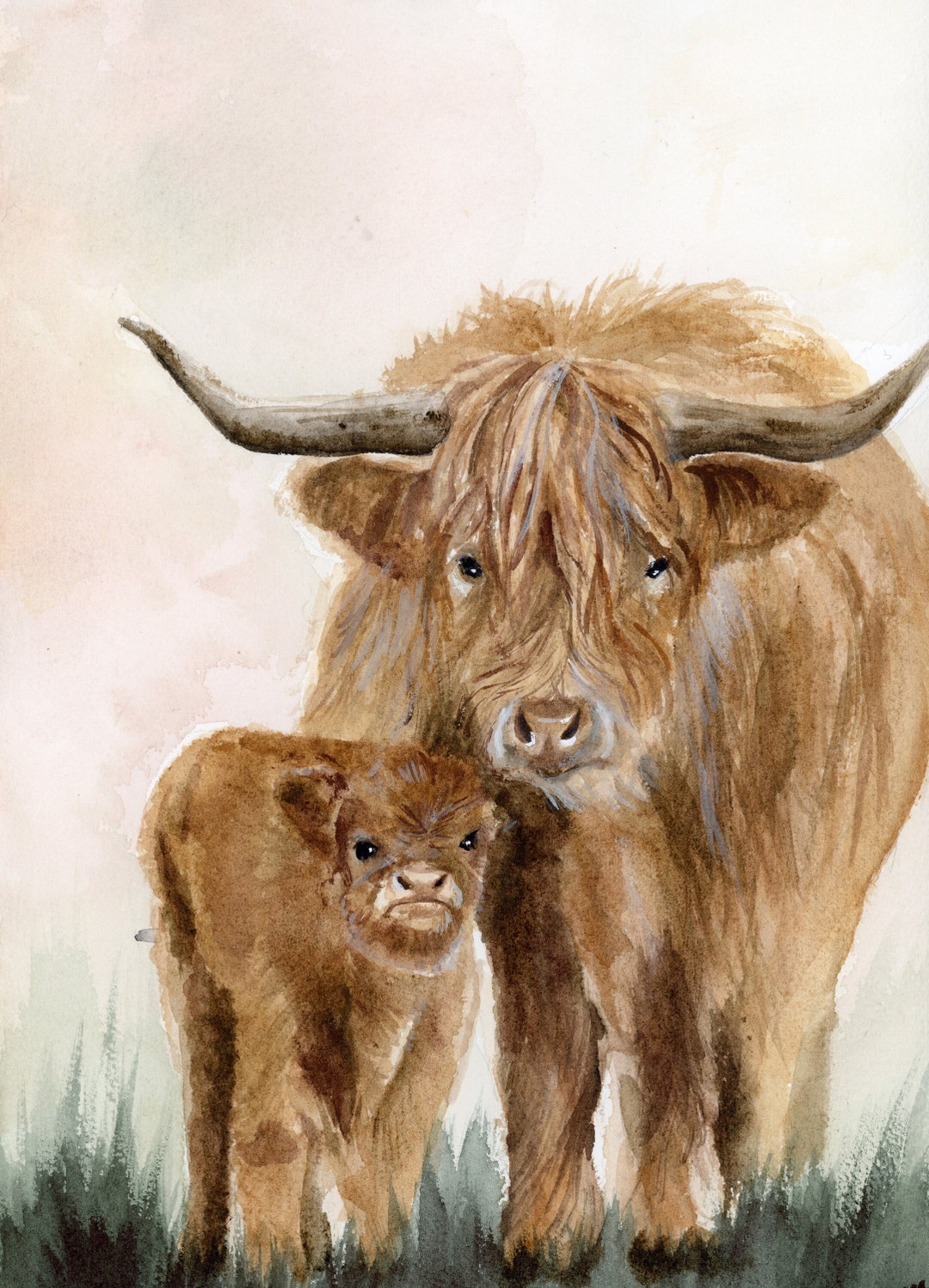 水彩壁絵 Watercolor *The Tender Calf Calf* Calf Watercolor Baby Cow – Susan Windsor