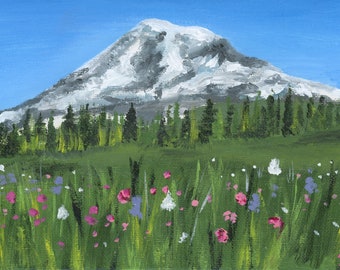 Mount Rainier Acrylbild, Wildblumenwiese, Pazifischer Nordwesten (12x18cm)