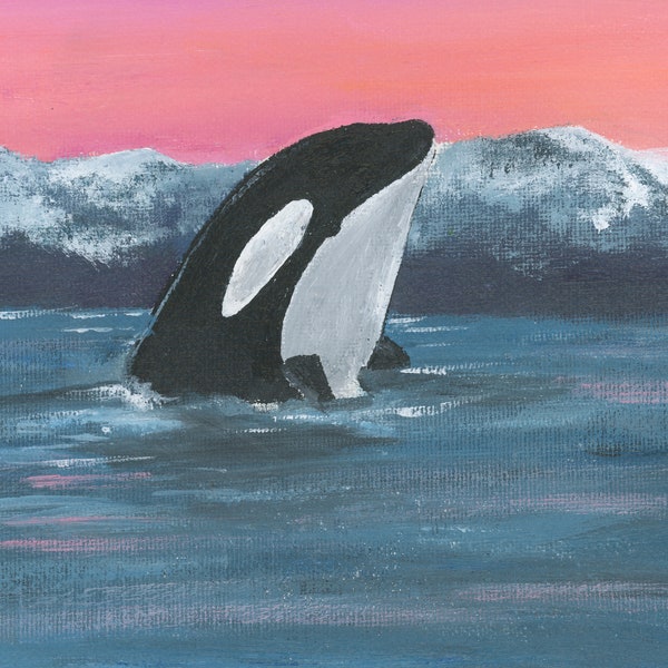 Orca Whale at Sunrise in Puget Sound, Original Acrylic Painting on Canvas Panel, 5"x7"