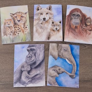 Tarjetas de acuarela a partir de pinturas originales, tarjetas de felicitación para cualquier ocasión, baby shower, juego de 5, tarjetas de animales, madre y cría de animales